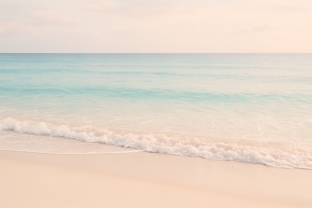 bitte in einem anderen stil nicht so kunterbunt eher pastell und ein echtes foto vom strand vllt mit wasser zu sehen 
