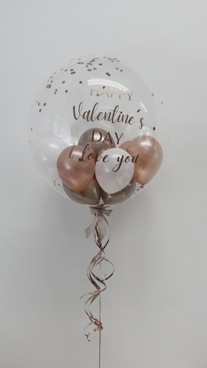 PREMIUM DECO BUBBLE BALLON chrom rosegold, pearl rosegold & pearl white | personalisiert mit Wunschtext | gefüllt mit Ballons und Konfetti | inklusive Beschriftung | ca. 60cm | inkl. Heliumfüllung und Beschwerung (Nur Abholung)