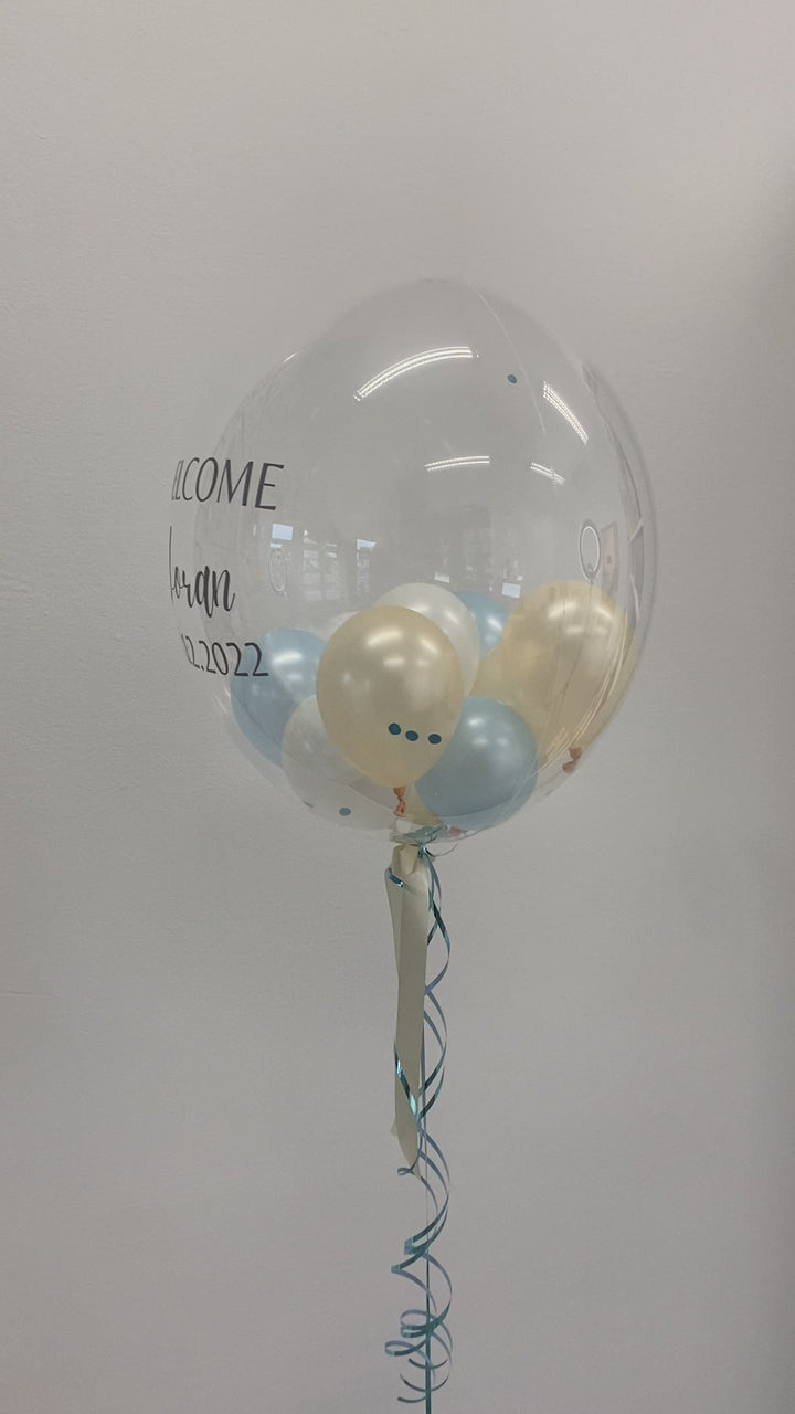 PREMIUM DECO BUBBLE BALLON pearl ivory, pearl blue & pearl white | personalisiert mit Wunschtext | gefüllt mit Ballons & Konfetti | inklusive Beschriftung | ca. 60cm | inkl. Heliumfüllung und Beschwerung (Nur Abholung)