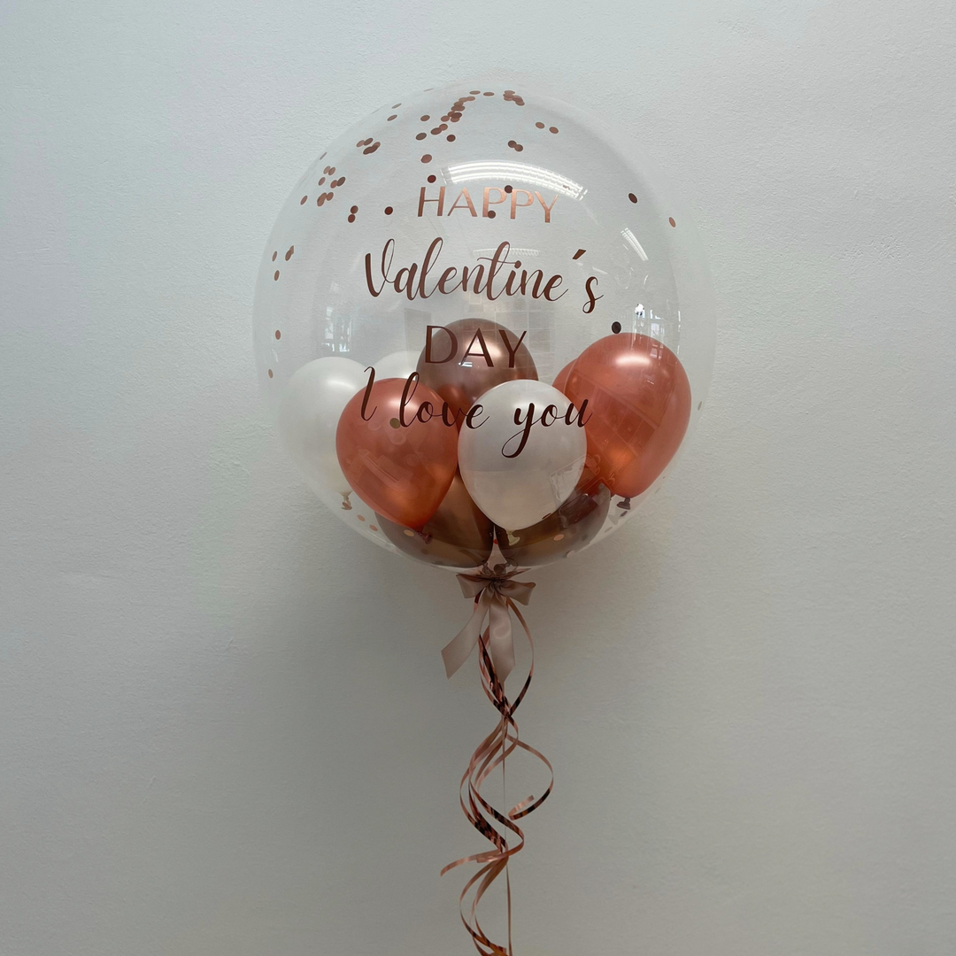 PREMIUM DECO BUBBLE BALLON chrom rosegold, pearl rosegold & pearl white | personalisiert mit Wunschtext | gefüllt mit Ballons und Konfetti | inklusive Beschriftung | ca. 60cm | inkl. Heliumfüllung und Beschwerung (Nur Abholung)