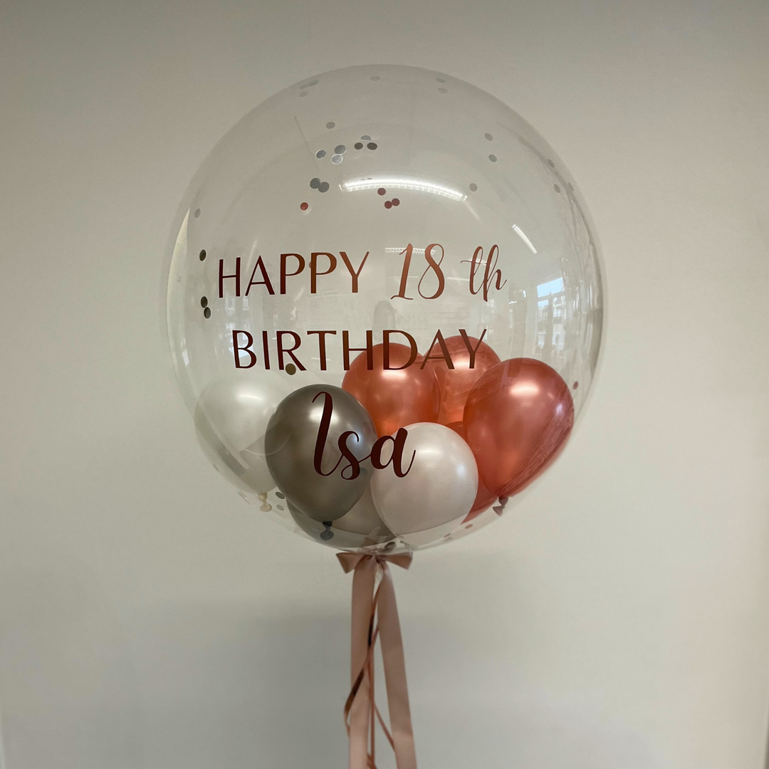 PREMIUM DECO BUBBLE BALLON pearl white, pearl rosegold & pearl grey | personalisiert mit Wunschtext | gefüllt mit Ballons & Konfetti in Wunschfarben | inklusive Beschriftung | ca. 60cm | inkl. Heliumfüllung und Beschwerung (Nur Abholung)