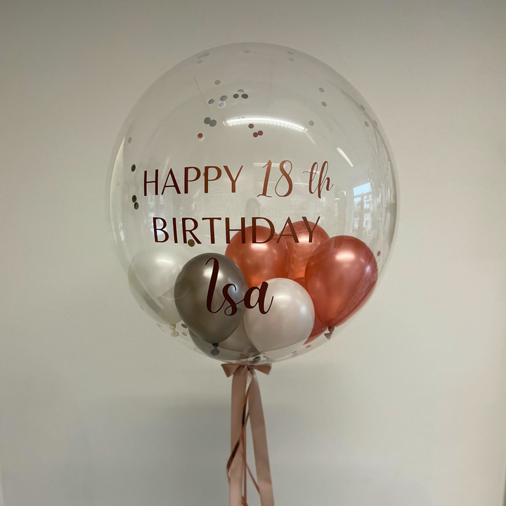 PREMIUM DECO BUBBLE BALLON pearl white, pearl rosegold & pearl grey | personalisiert mit Wunschtext | gefüllt mit Ballons & Konfetti in Wunschfarben | inklusive Beschriftung | ca. 60cm | inkl. Heliumfüllung und Beschwerung (Nur Abholung)
