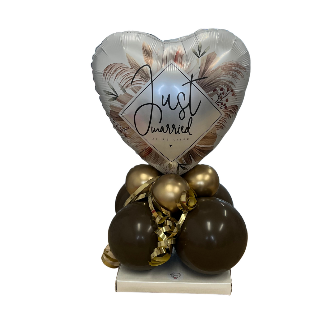 Ballongestell zur Hochzeit | Just Married Boho Folienherz mit 8 Latexballons | chrom gold & chocolate brown