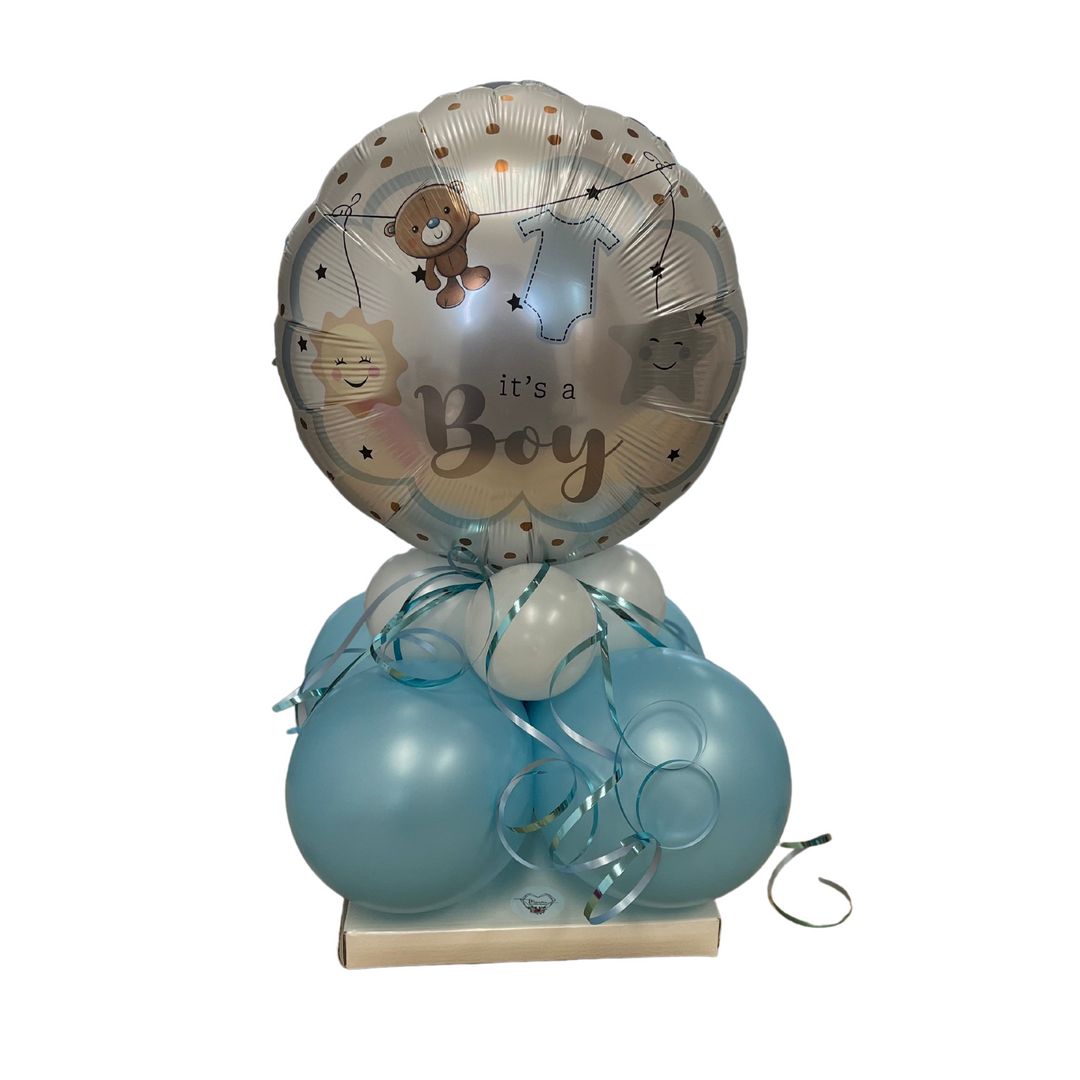 Ballongestell zur Geburt | It´s a Boy mit 8 Latexballons | pearl blue & pearl white