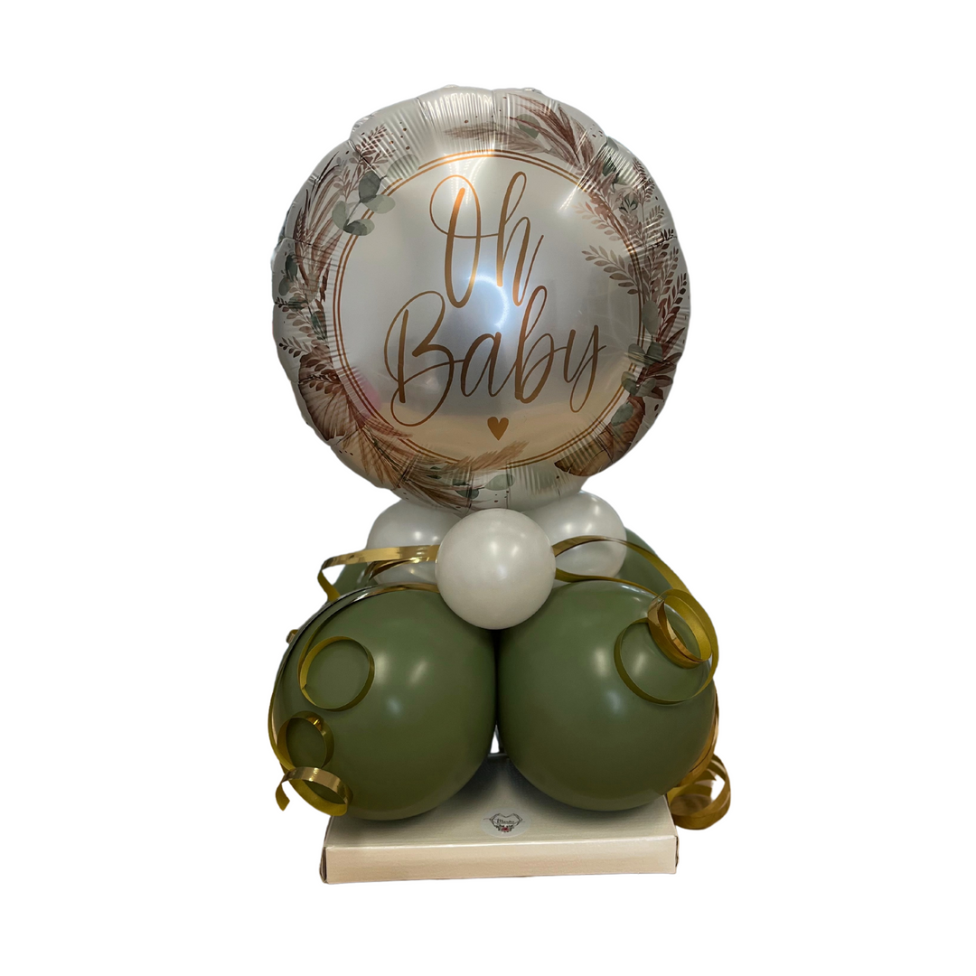 Ballongestell zur Geburt | Oh Baby mit 8 Latexballons | chrom gold & eukalyptus