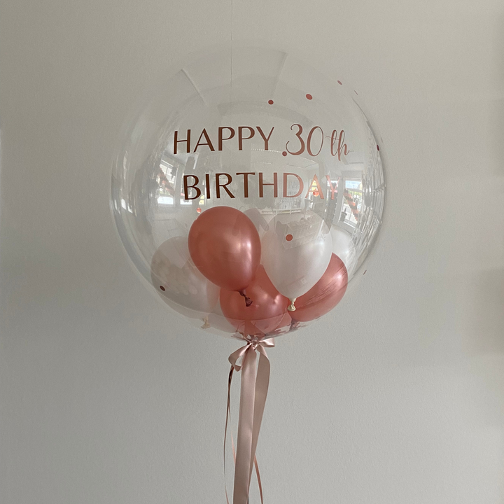 PREMIUM DECO BUBBLE BALLON pearl white & pearl rosegold | personalisiert mit Wunschtext | gefüllt mit Ballons & Konfetti | inklusive Beschriftung | ca. 60cm | inkl. Heliumfüllung und Beschwerung (Nur Abholung)