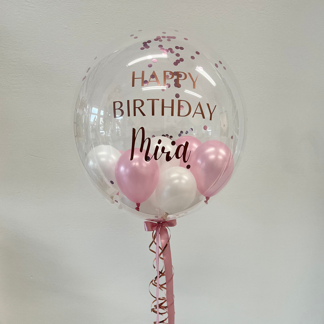 PREMIUM DECO BUBBLE BALLON pearl white & pearl rosa | personalisiert mit Wunschtext | gefüllt mit Ballons & Konfetti | inklusive Beschriftung | ca. 60cm | inkl. Heliumfüllung und Beschwerung (Nur Abholung)