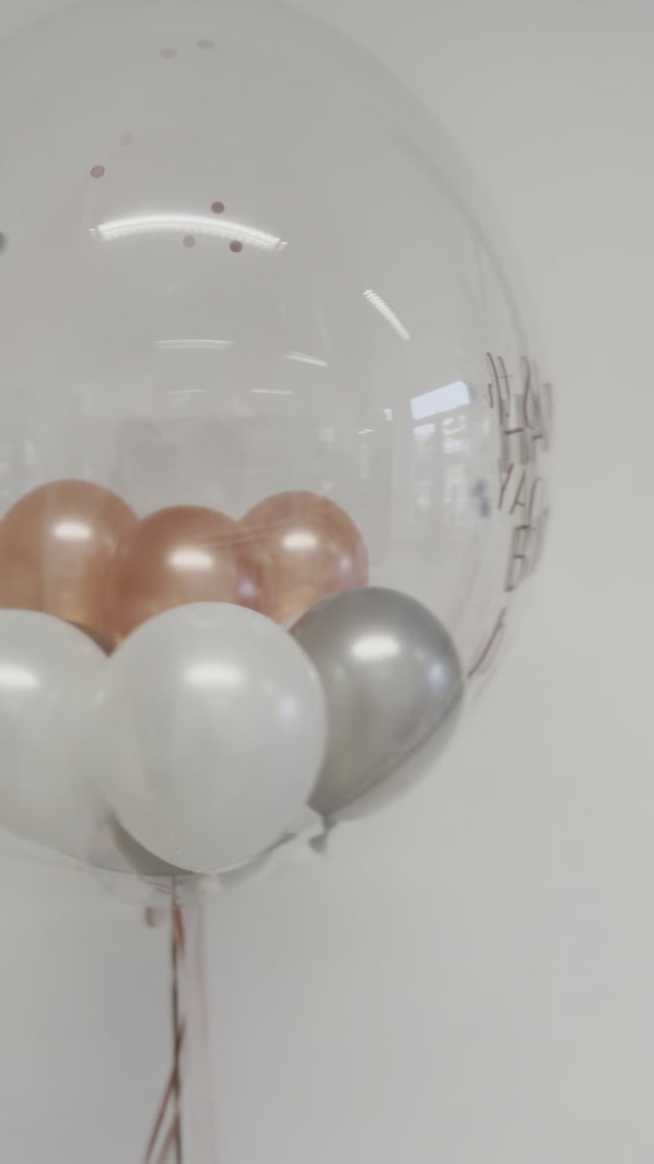 PREMIUM DECO BUBBLE BALLON pearl white, pearl rosegold & pearl grey | personalisiert mit Wunschtext | gefüllt mit Ballons & Konfetti in Wunschfarben | inklusive Beschriftung | ca. 60cm | inkl. Heliumfüllung und Beschwerung (Nur Abholung)