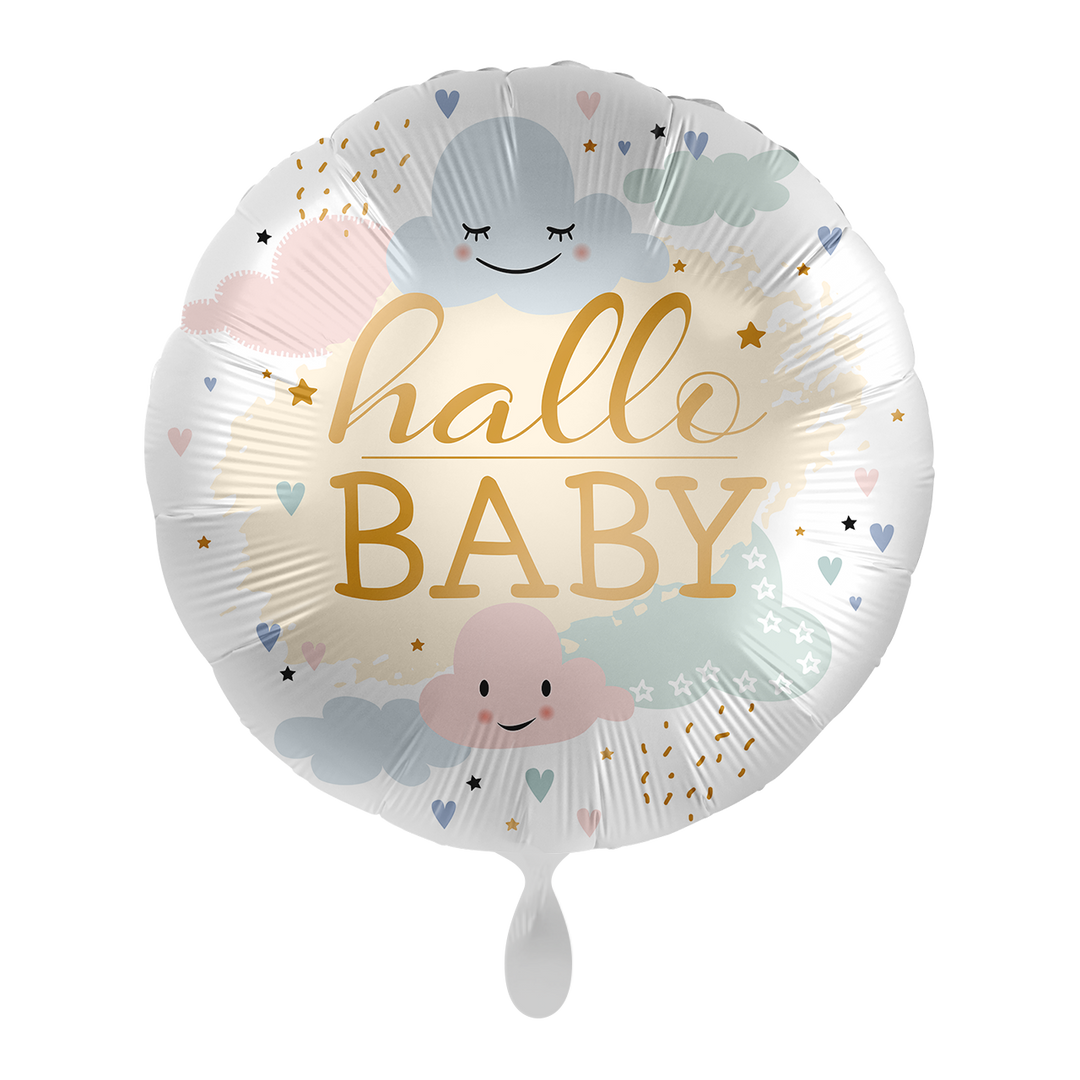 Folienballon zur Geburt | Wolkenmotiv | Hallo Baby | ca. 45cm | inkl. Heliumfüllung