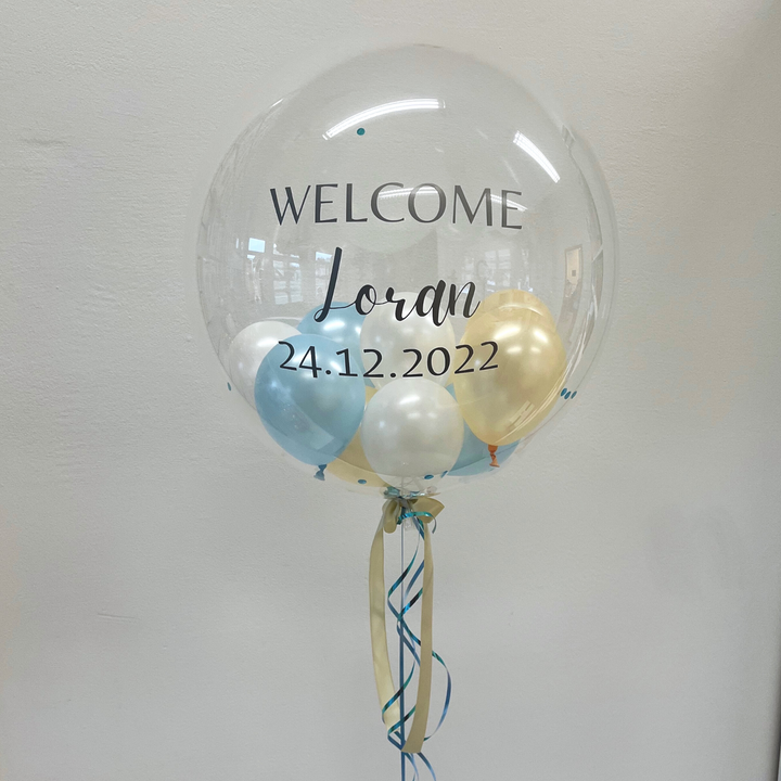 PREMIUM DECO BUBBLE BALLON pearl ivory, pearl blue & pearl white | personalisiert mit Wunschtext | gefüllt mit Ballons & Konfetti | inklusive Beschriftung | ca. 60cm | inkl. Heliumfüllung und Beschwerung (Nur Abholung)
